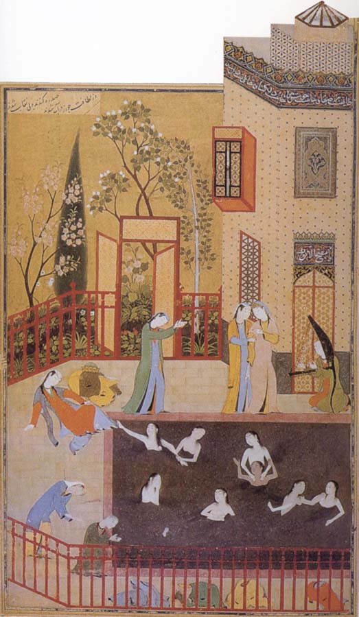 Bihzad The Master of the garden espies the maidens bathing in his pool