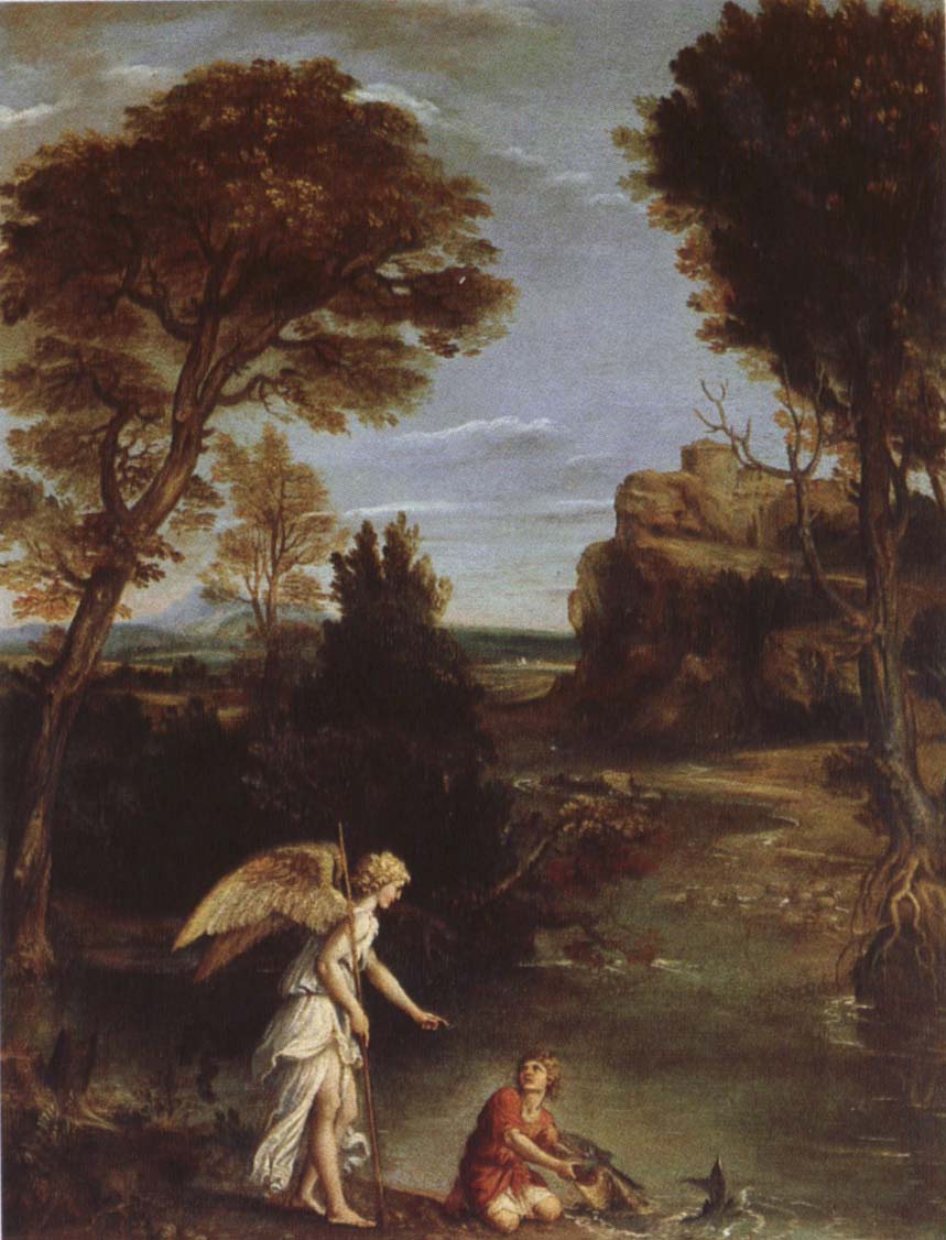 Domenichino Landscape with Tobias as far hold of the fish