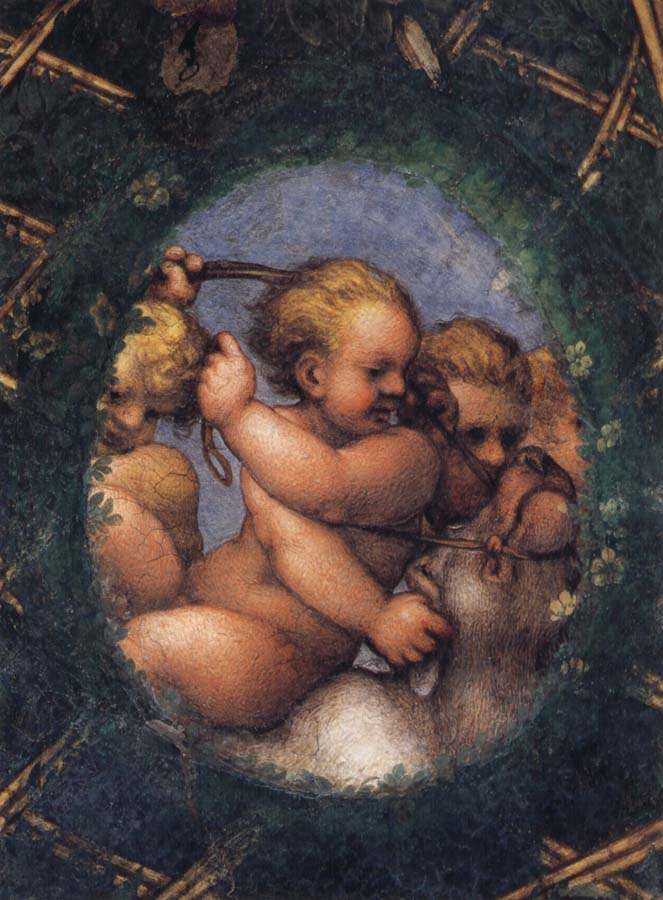 Correggio Two ovals depicting a putto with a stag's head and a putto with a greyhound