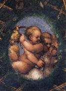 Correggio, Two ovals depicting a putto with a stag's head and a putto with a greyhound