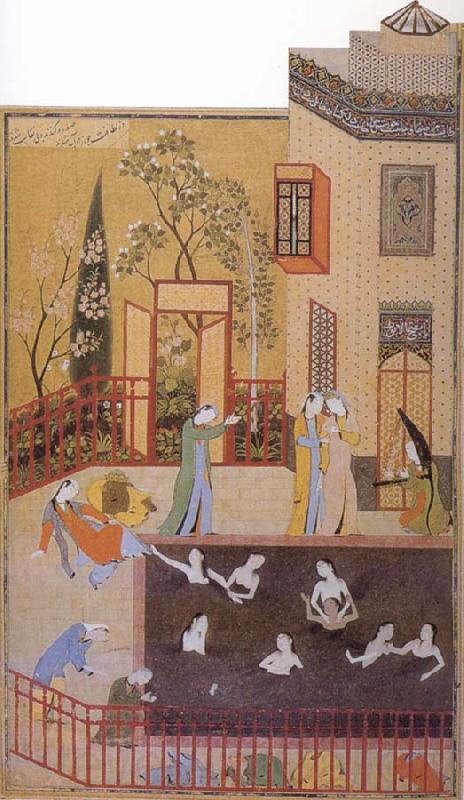 Bihzad The Master of the garden espies the maidens bathing in his pool